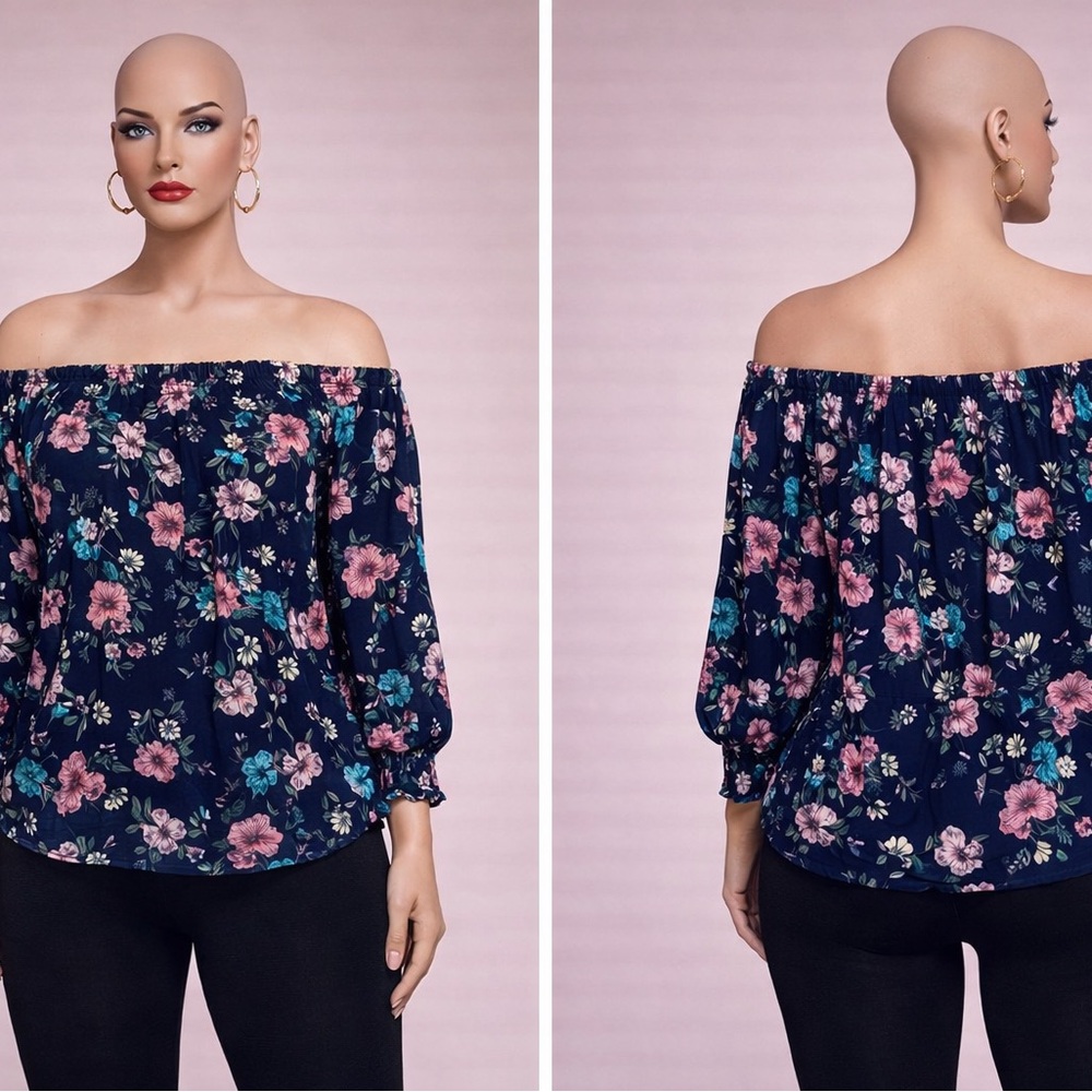 ANA A New Approach Floral Off Shoulder Blouse Navy Pink Blue LT